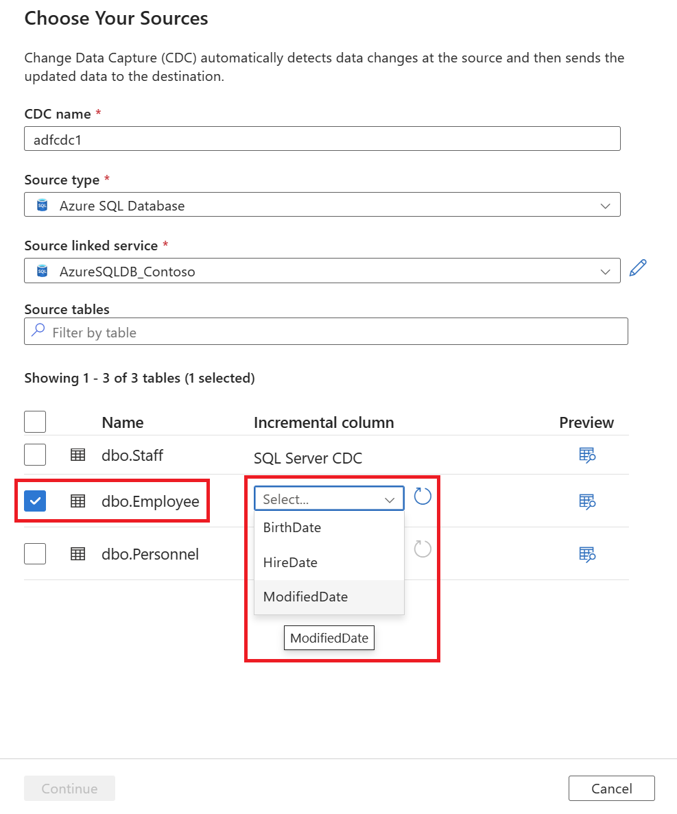 Capture d’écran montrant la sélection d’une table source et d’une colonne incrémentielle.