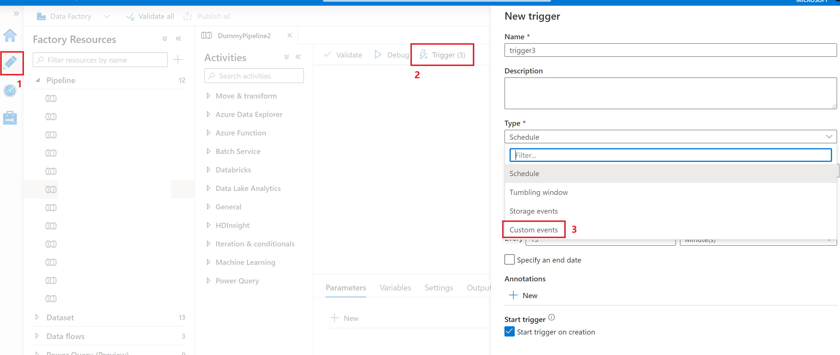 Capture d’écran montrant la création d’un déclencheur d’événement personnalisé dans l’interface utilisateur de Data Factory.