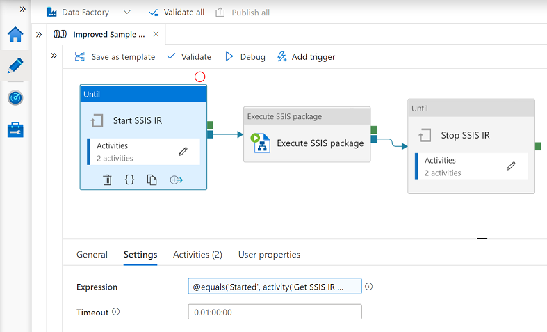 Capture d’écran présentant des activités web de démarrage et d’arrêt d’un runtime d’intégration SSIS.