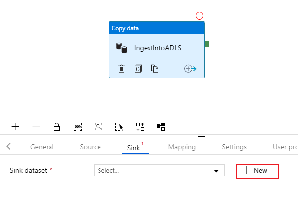 Capture d’écran du portail Azure de la création d’un jeu de données dans l’option Copier le récepteur de données.