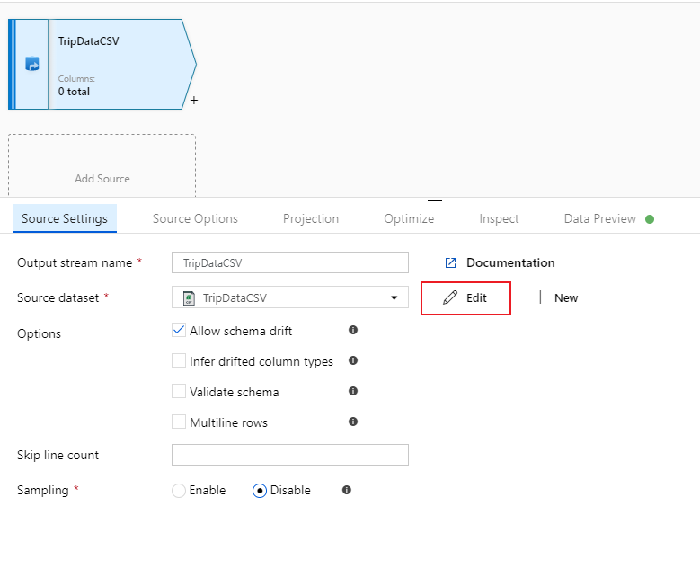 Capture d’écran du portail Azure du bouton Modifier un jeu de données source dans les options de flux de données.