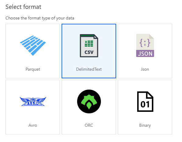 Capture d’écran du portail Azure de la page de mise en forme lors de la création de données dans ADLS Gen2.