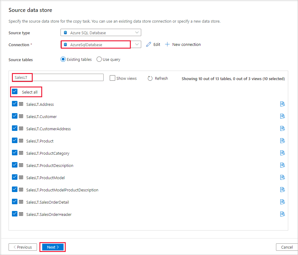 Capture d’écran montrant la configuration de la page « Magasin de données source ».