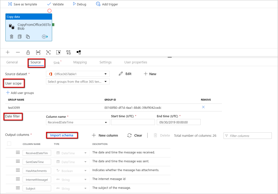 Configuration générale du schéma du jeu de données Microsoft 365 (Office 365).