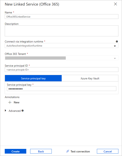 Nouveau service lié Microsoft 365 (Office 365).