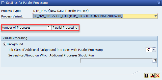 La capture d’écran montre la boîte de dialogue Settings for Parallel Processing (Paramètres pour le traitement parallèle) où vous pouvez sélectionner le nombre de processus parallèles pour le processus de transfert des données.