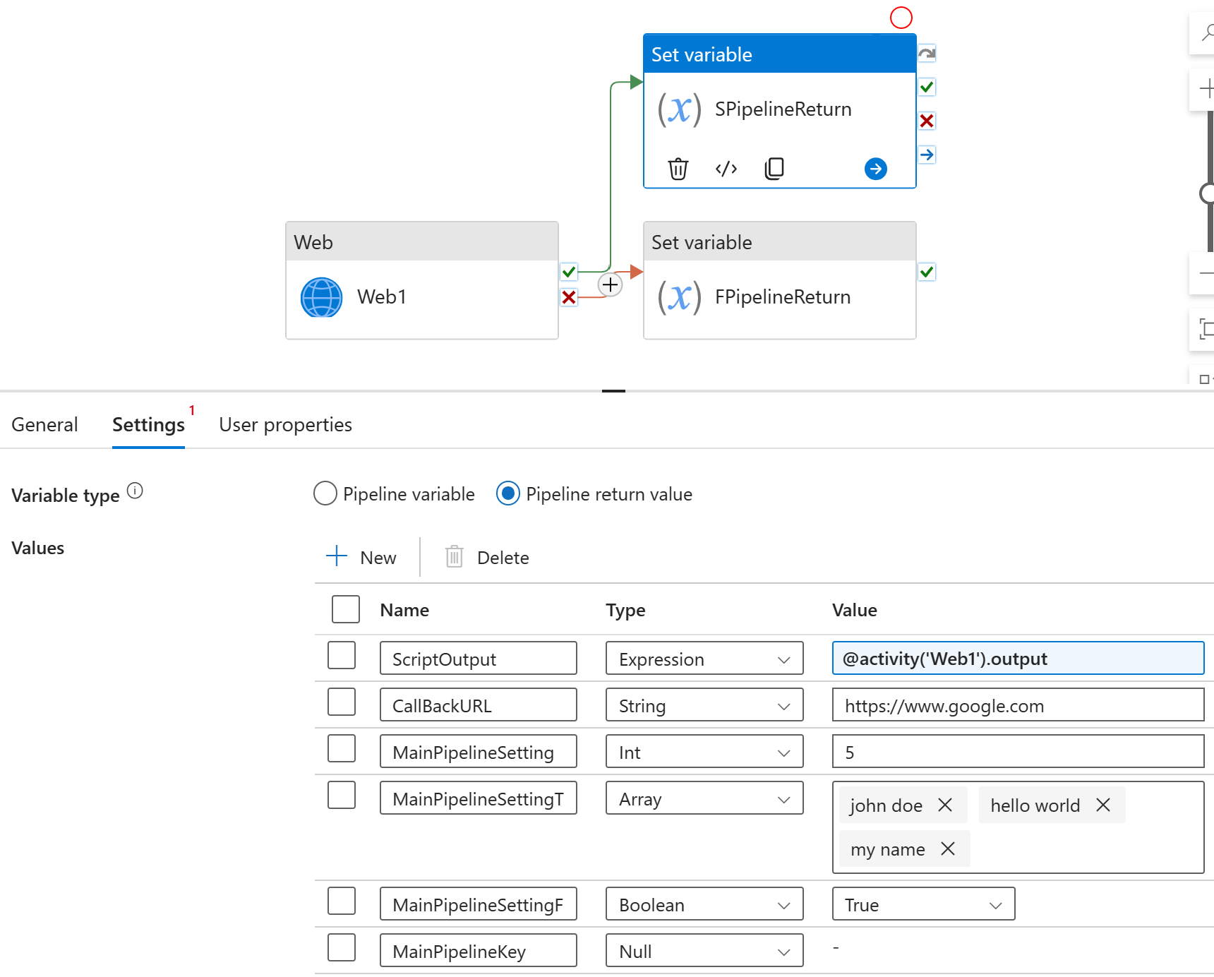 Capture d’écran montrant l’interface utilisateur pour la valeur de retour de pipeline.