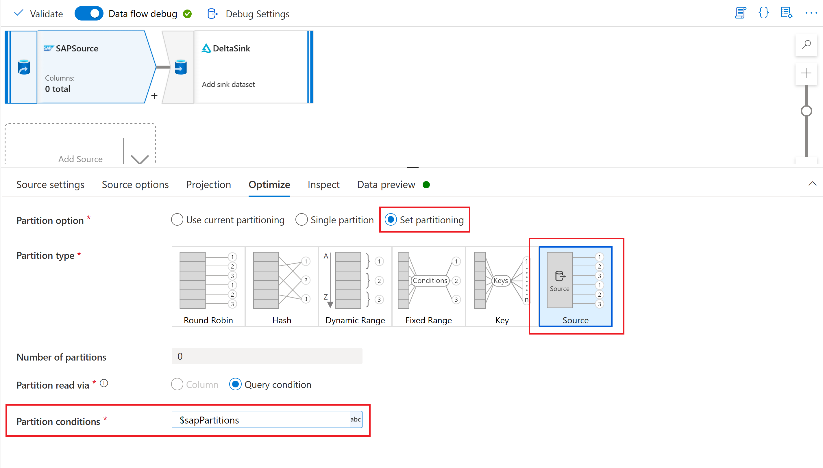 Capture d’écran montrant comment utiliser le paramètre de partitionnement sous l’onglet optimize (optimiser) de la transformation de la source.