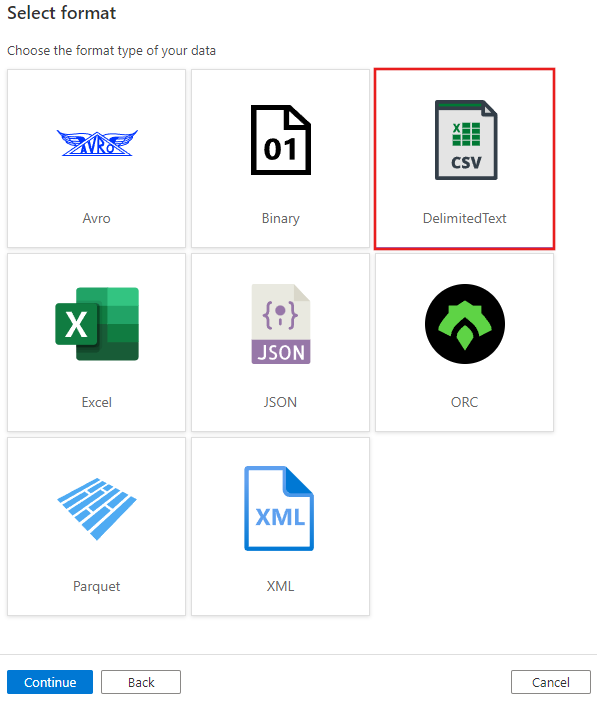 Capture d’écran de la fenêtre Sélectionner le format avec le format DelimitedText en surbrillance.