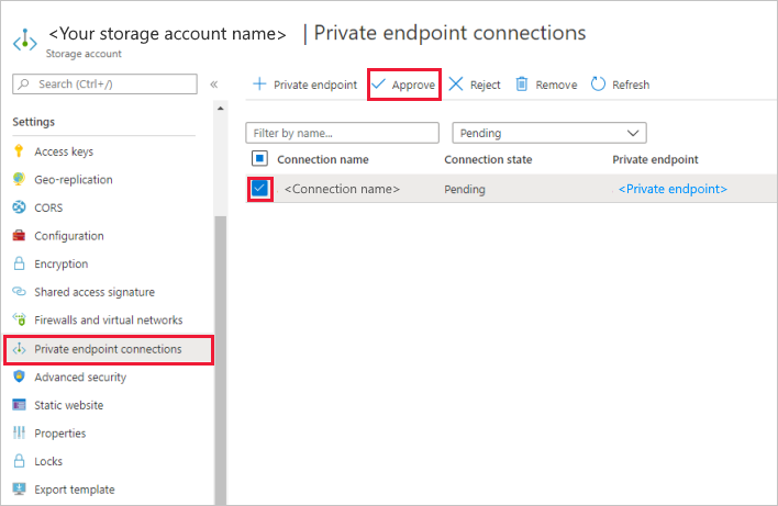 Capture d’écran montrant le bouton Approuver pour le point de terminaison privé