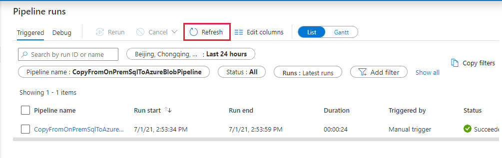 Capture d’écran montrant la page « Exécutions de pipeline ».