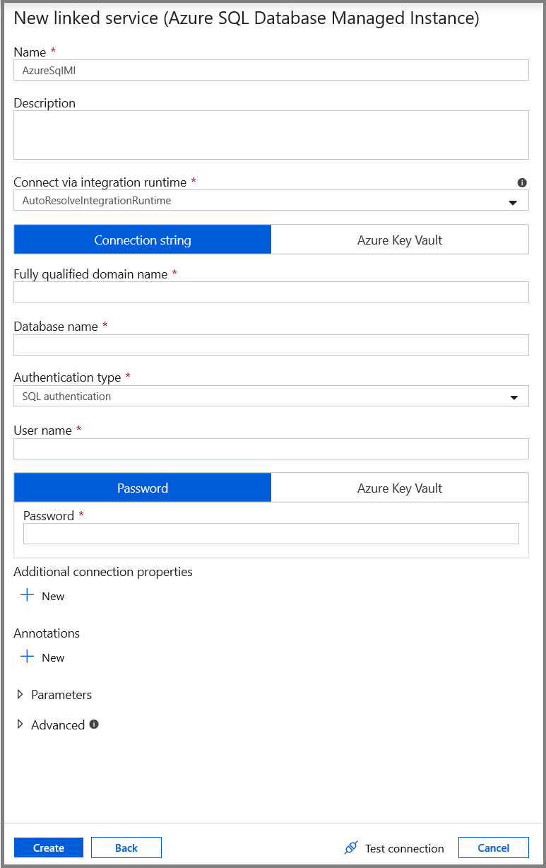 Paramètres du service lié Base de données Azure SQL MI