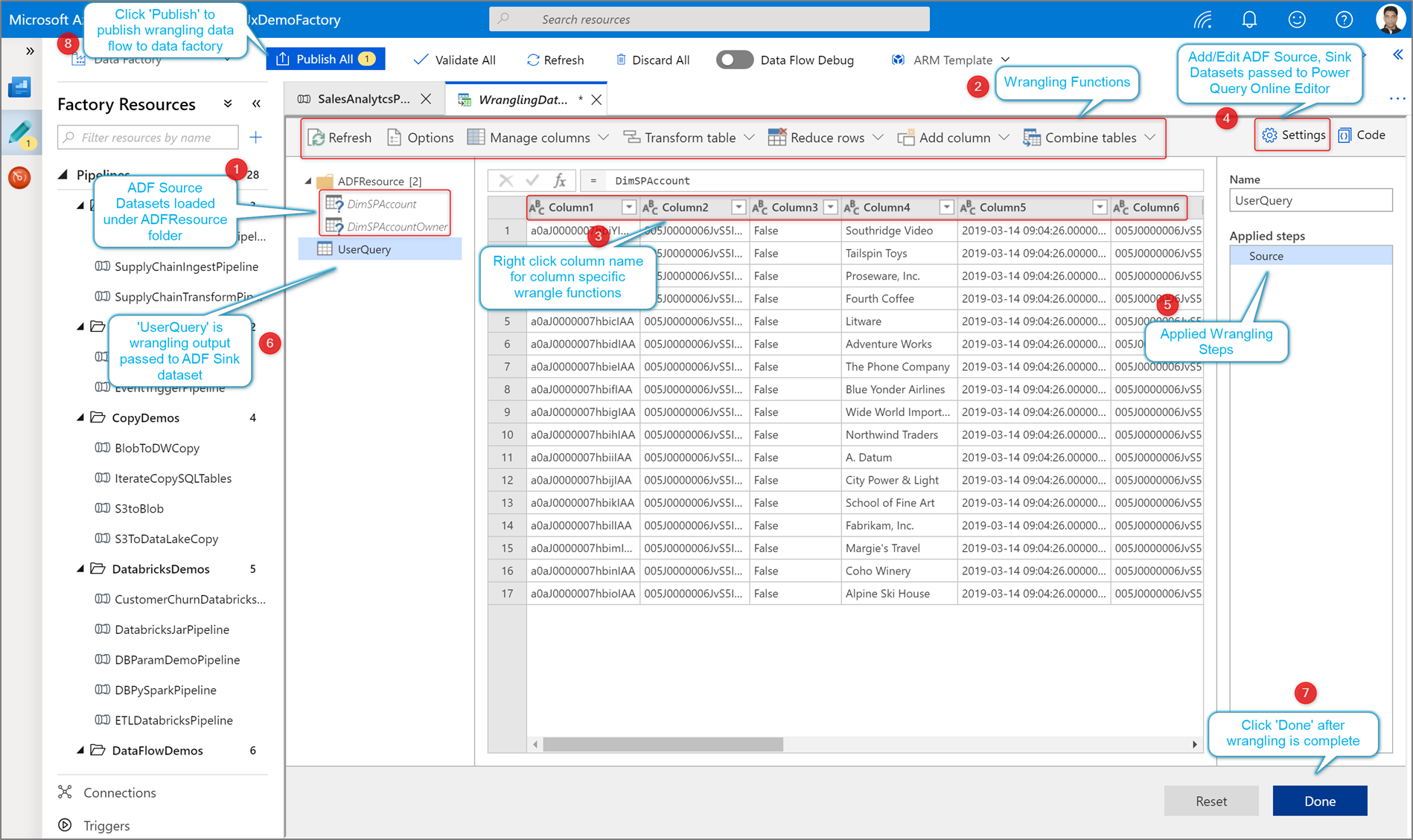 Capture d’écran montrant le processus de création de votre data wrangling Power Query.