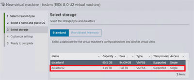 Screenshot showing the contents of the Select storage pane.