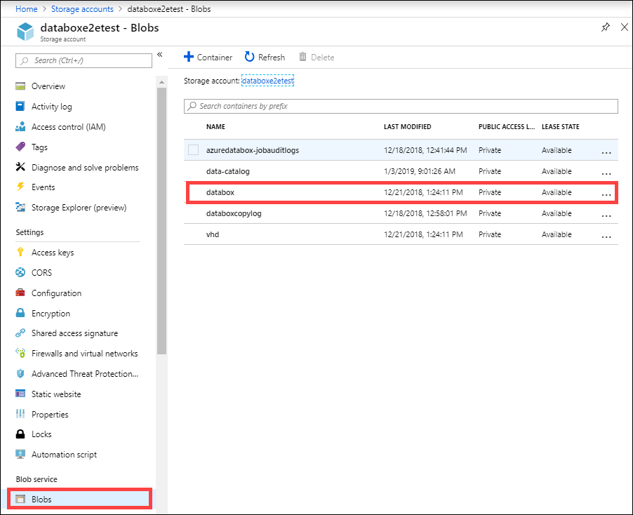 Conteneur avec des données sur Data Box