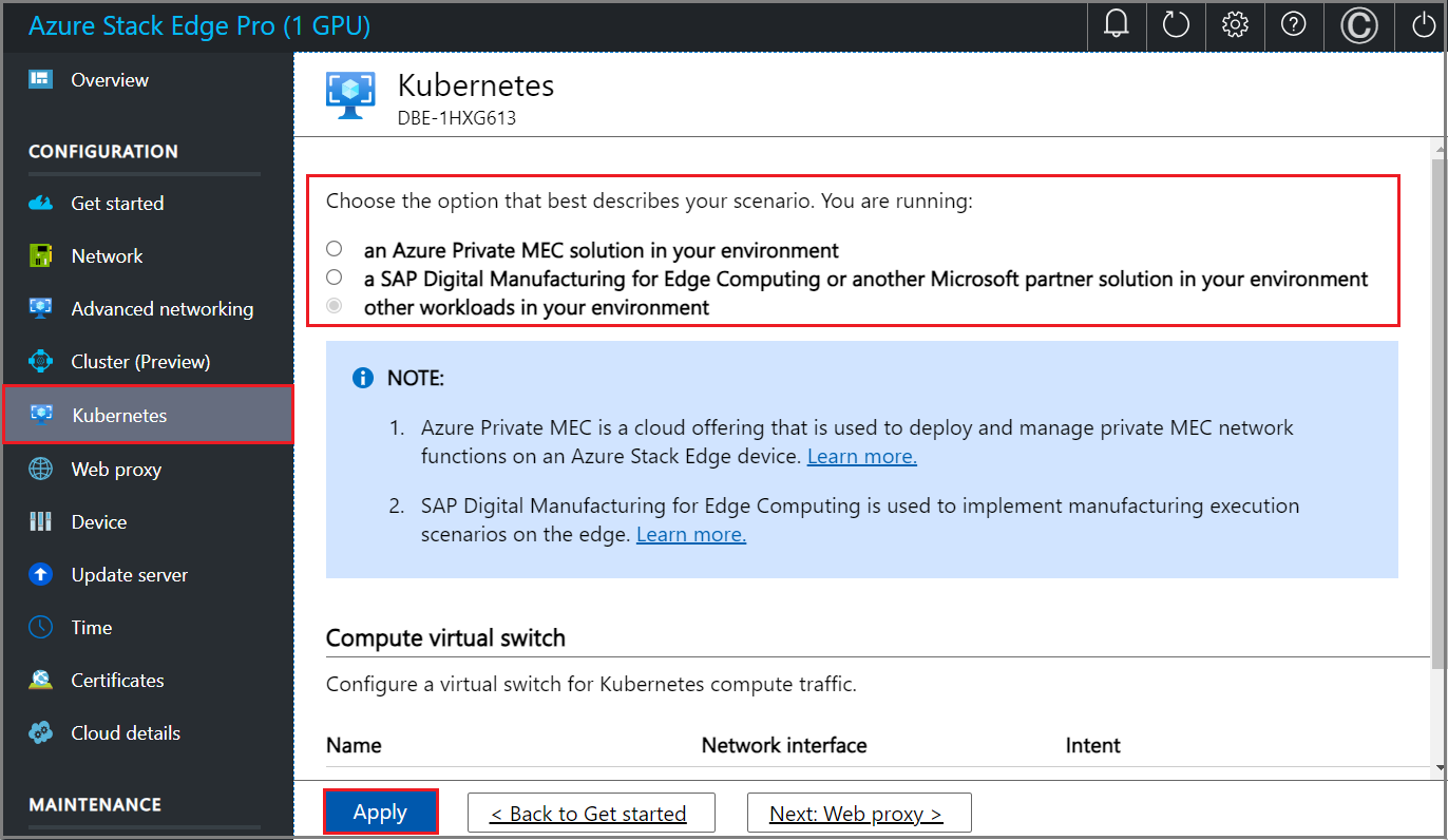 Capture d'écran des options de sélection de charge de travail sur la page Kubernetes de l'interface utilisateur locale pour deux nœuds.