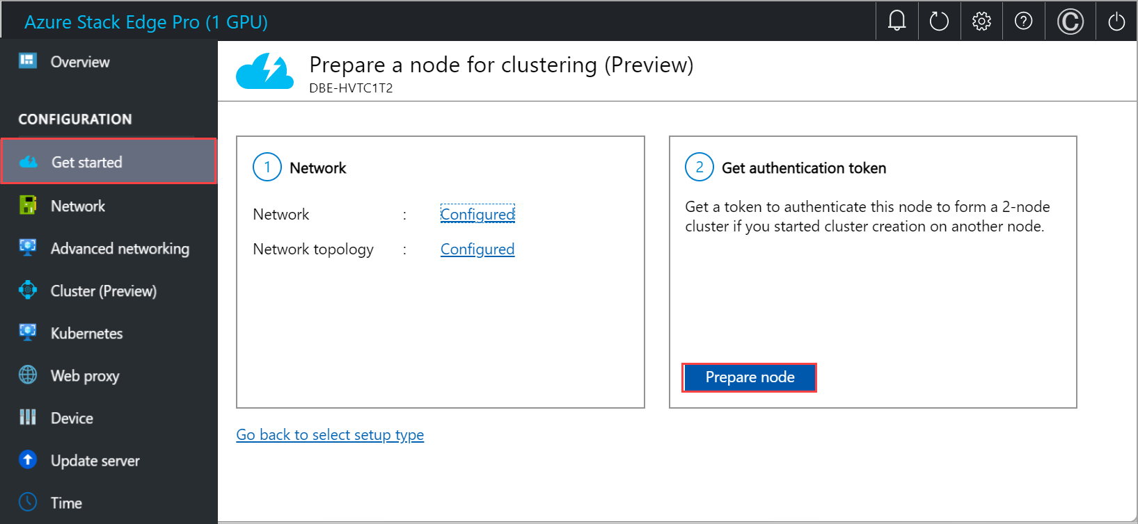 Capture d’écran de l’interface utilisateur web locale montrant la vignette « Obtenir un jeton d’authentification » avec l’option « Préparer le nœud » activée sur le deuxième nœud.