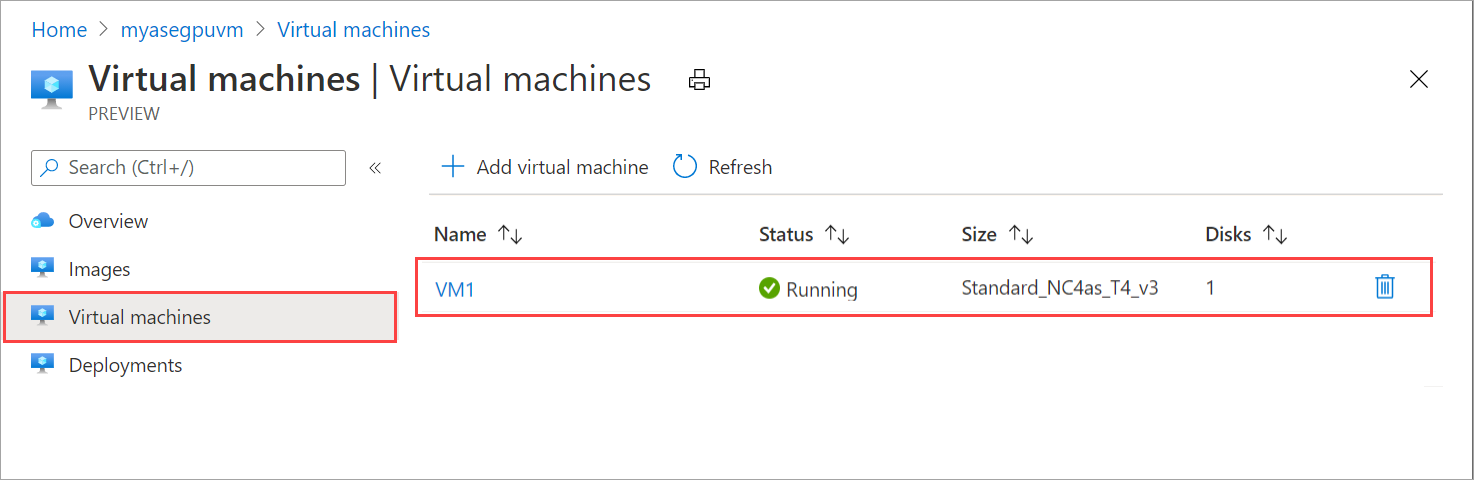 Capture d’écran de la vue Machines virtuelles dans Azure Stack Edge, mettant en évidence une machine virtuelle GPU nouvellement créée.