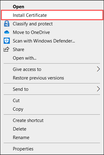 Capture d’écran du menu contextuel pour un fichier dans Windows File Explorer. L’option Installer le certificat est mise en surbrillance.