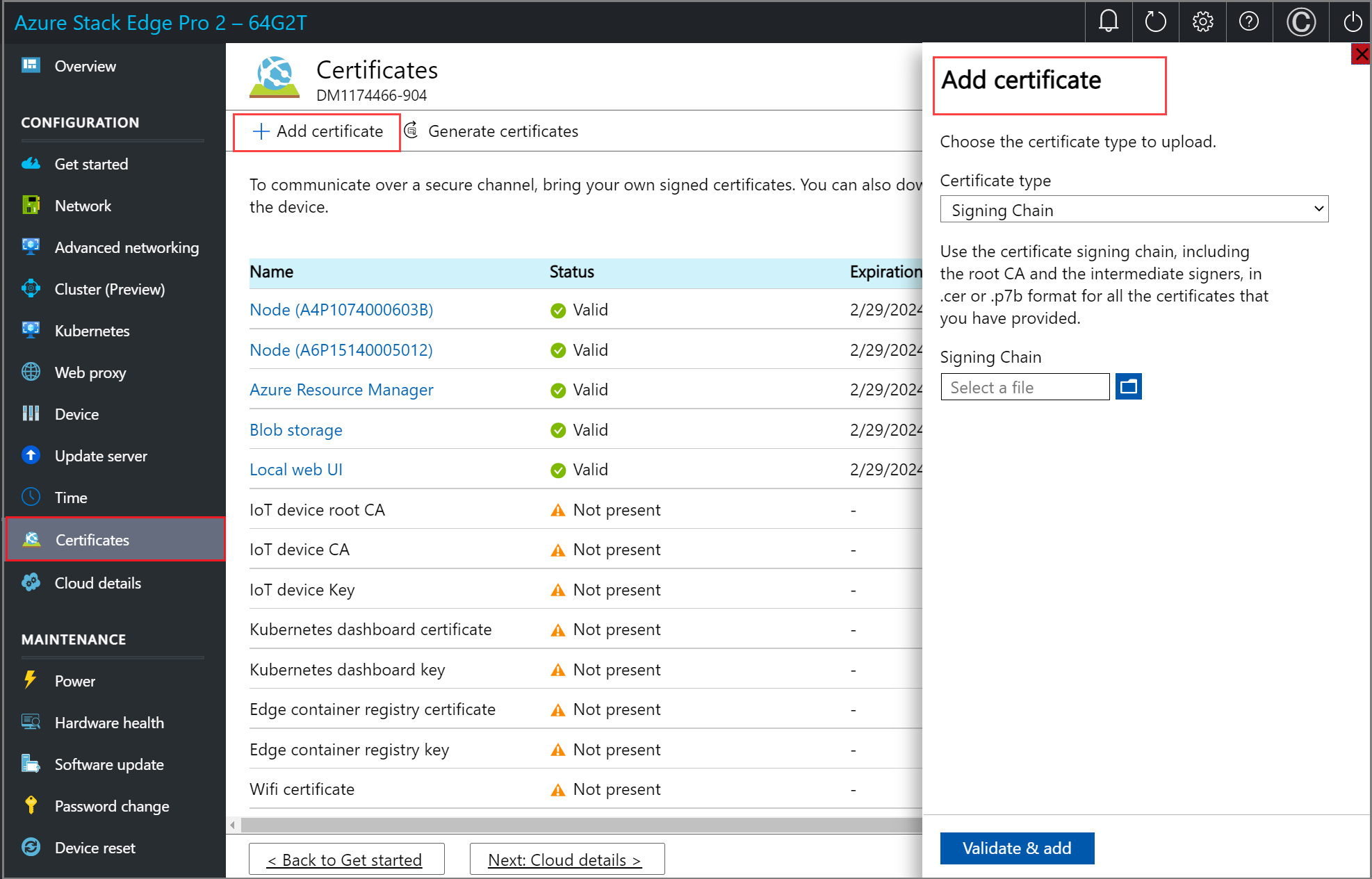 Screenshot of the Add Certificate pane in the local web UI of an Azure Stack Edge device. The Certificates menu item, Plus Add Certificate button, and Add Certificate pane are highlighted.