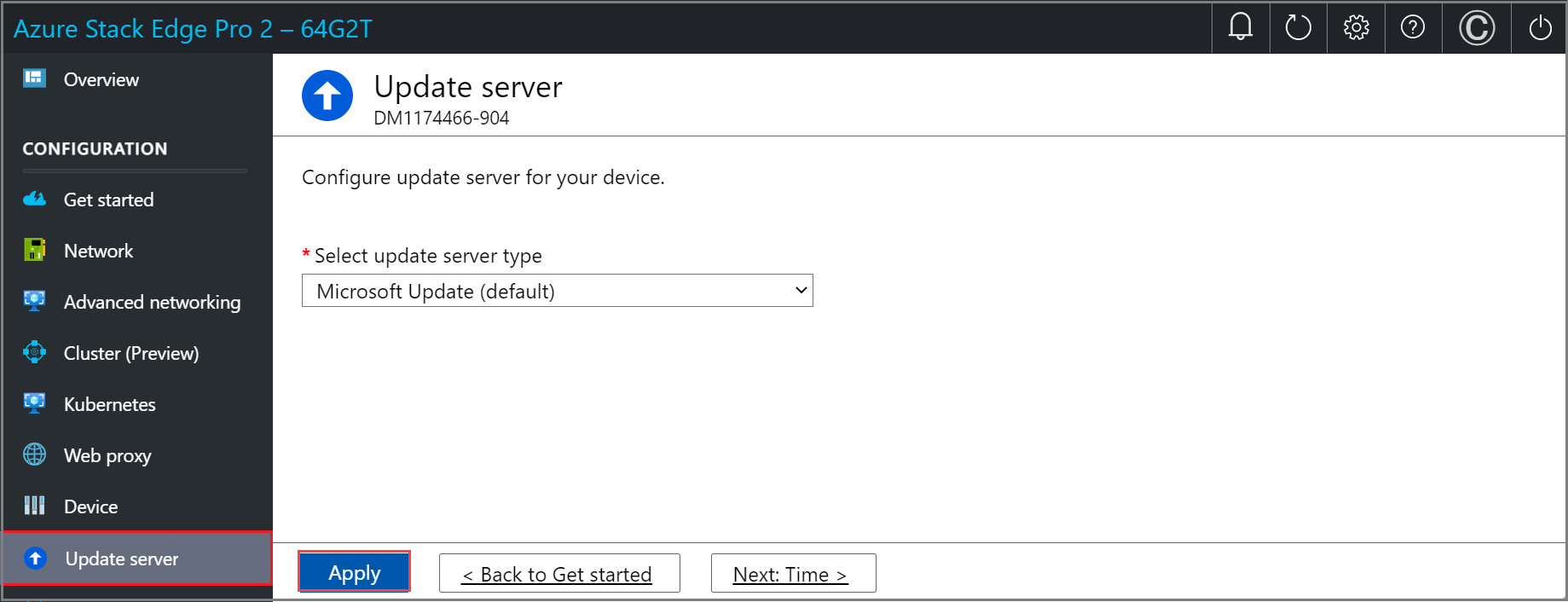 Capture d’écran de la page Mettre à jour le serveur avec le serveur Microsoft Update configuré dans l’interface utilisateur web locale d’un appareil Azure Stack Edge. Le bouton Appliquer est mis en évidence.