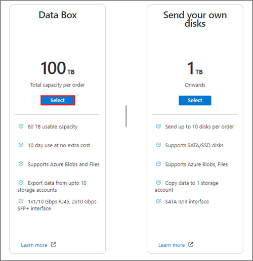 Sélectionner la capacité Data Box