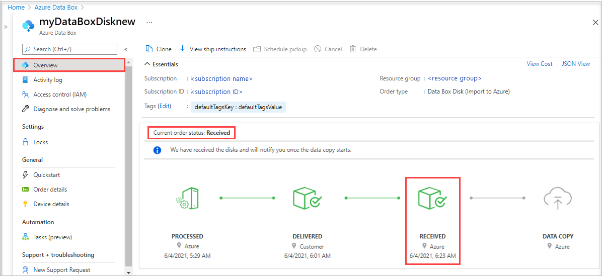 Capture d’écran du volet Vue d’ensemble d’une commande d’importation Data Box Disk à l’état Reçue. L’option de menu Vue d’ensemble et l’état de la commande reçue sont mis en surbrillance.