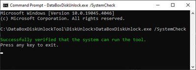 Capture d’écran illustrant les résultats d’une vérification de système réussie en utilisant l’outil de déverrouillage Data Box Disk.