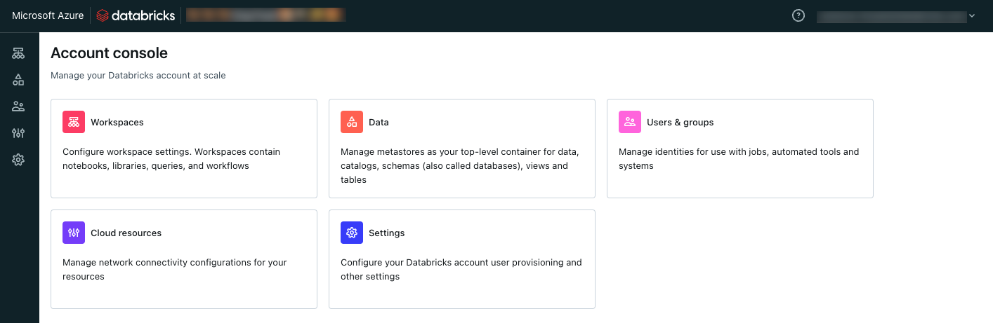 Vue par défaut de la console de compte