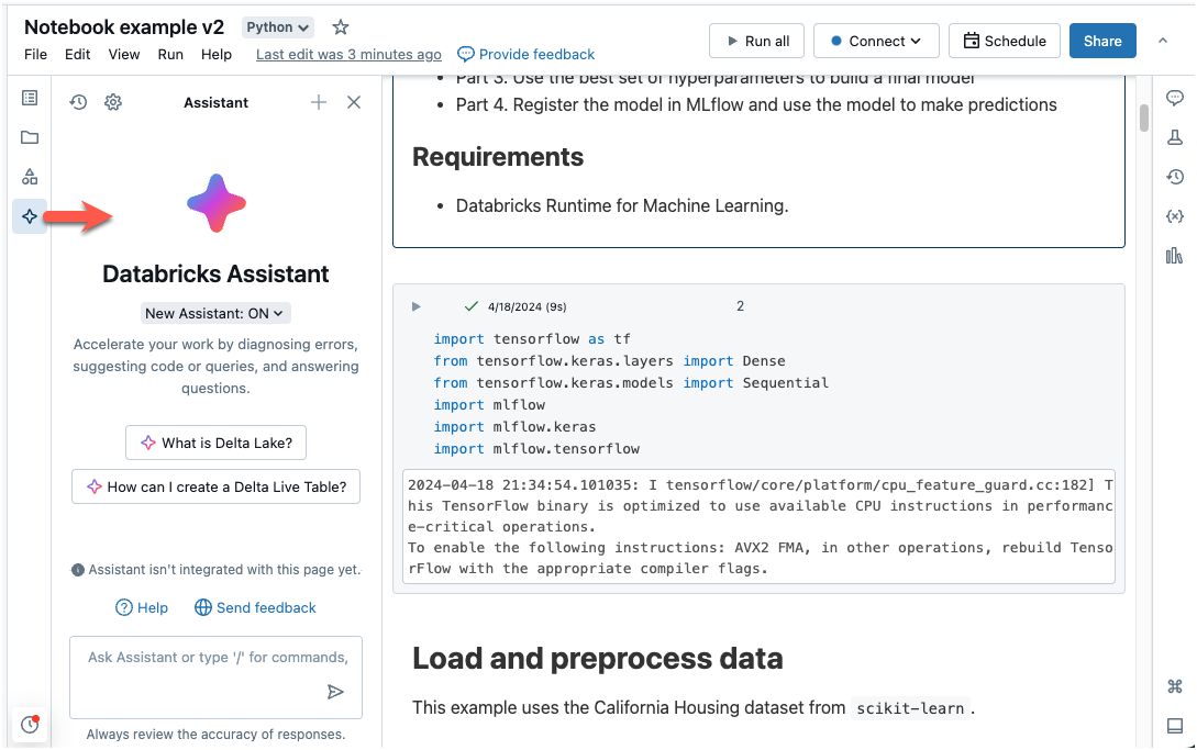 Emplacement de l’icône et du panneau de l’Assistant Databricks