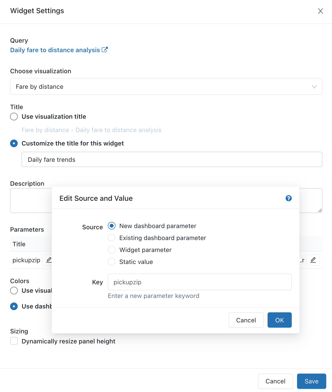 Remplacer des paramètres de widget par de nouveaux paramètres de tableau de bord