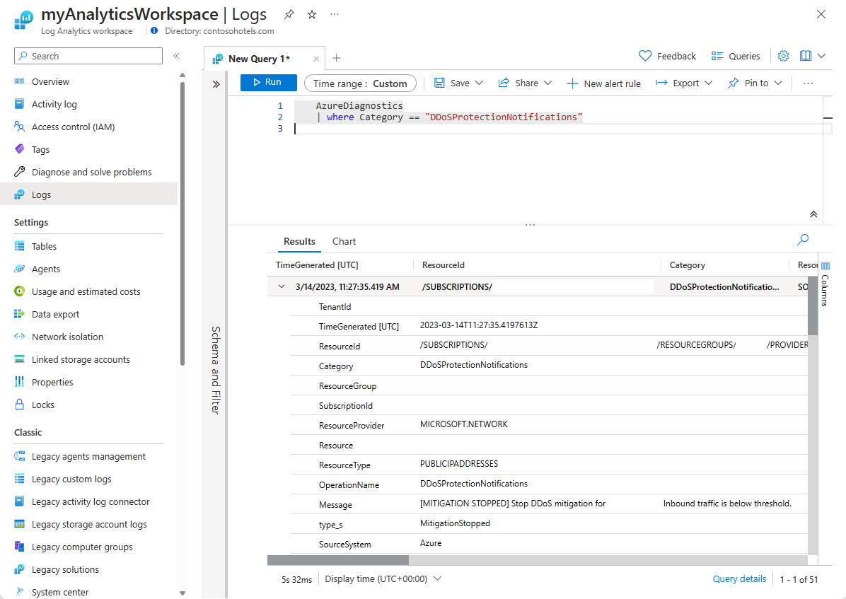 Capture d’écran de l’affichage des journaux de notification DDoS Protection dans l’espace de travail Log Analytics.