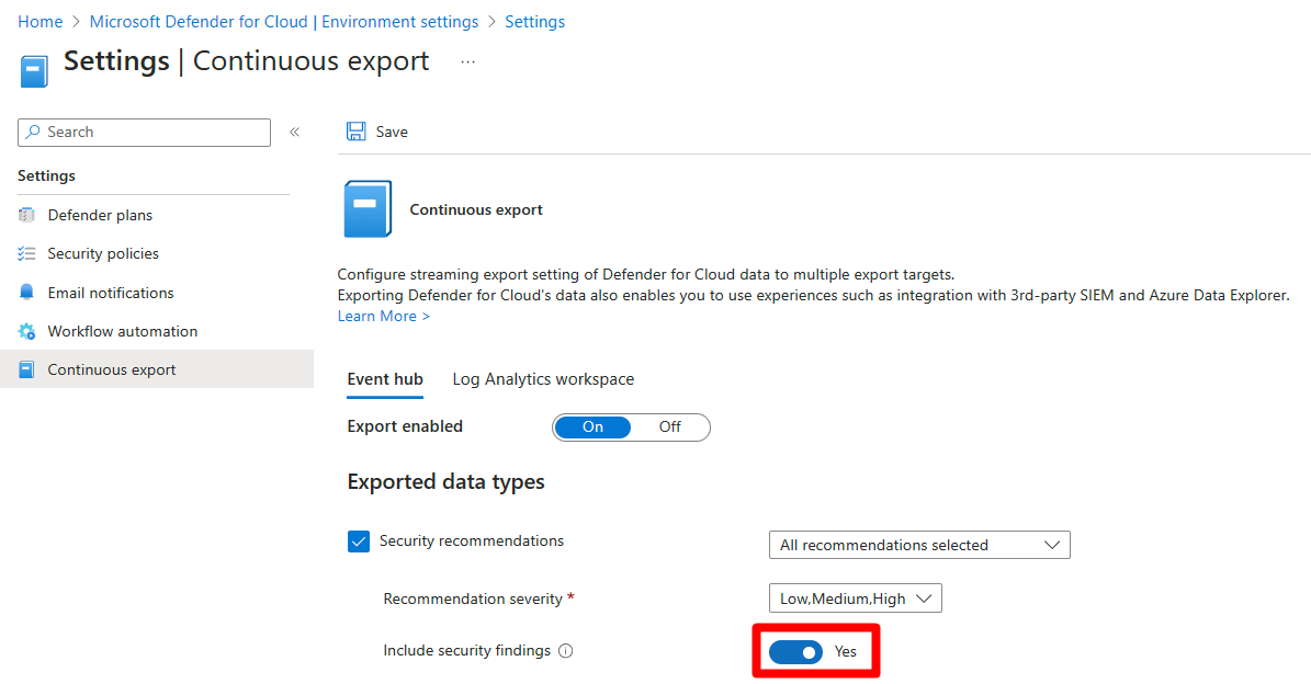 Capture d’écran montrant le bouton bascule Intégrer les constats de sécurité dans une configuration d’exportation continue.