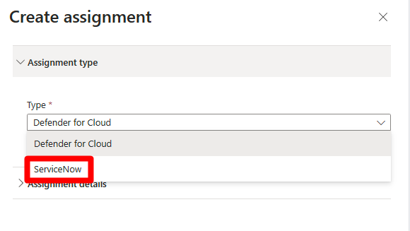 Capture d’écran montrant la fenêtre de création d’affectation et le champ de type dans lequel vous sélectionnez ServiceNow.