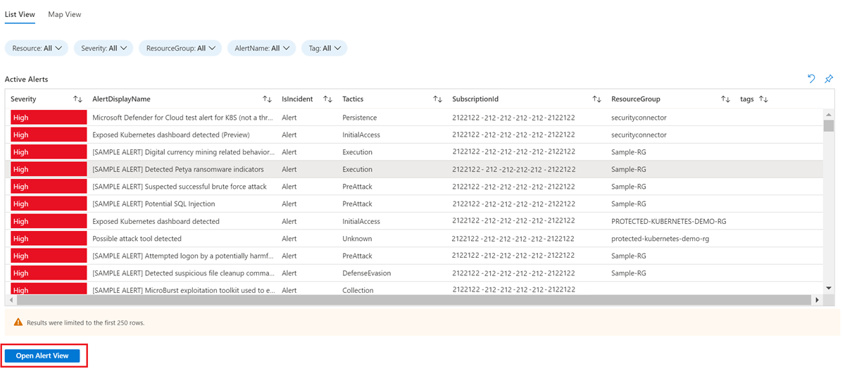 Capture d’écran qui montre la table des alertes actives.