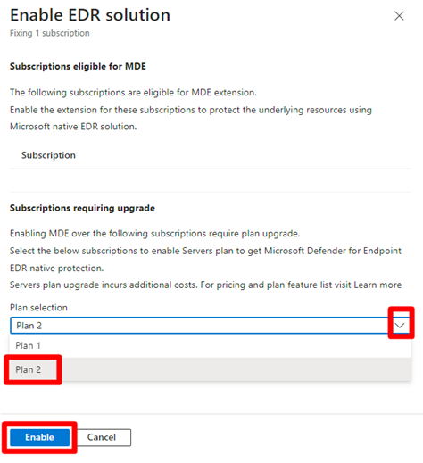 Capture d’écran montrant la fenêtre contextuelle dans laquelle sélectionner le plan Defender pour serveurs à activer sur votre abonnement.