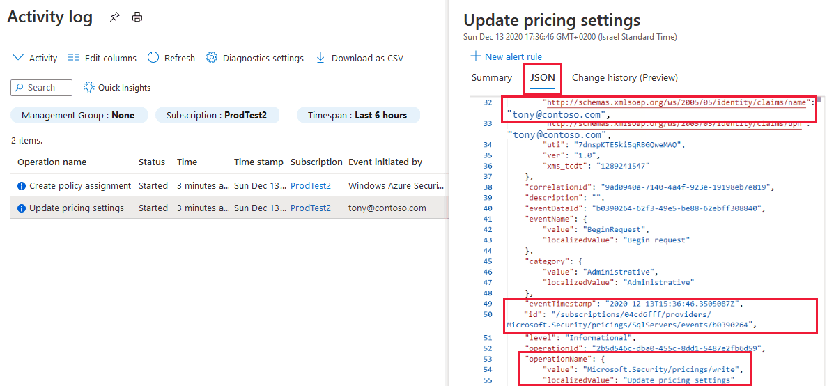 Capture d’écran de l’explorateur JSON du journal d’activité Azure.