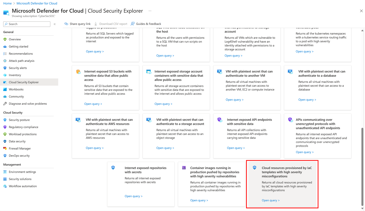 Capture d’écran montrant le modèle de l’Explorateur de sécurité du cloud du mappage IaC.