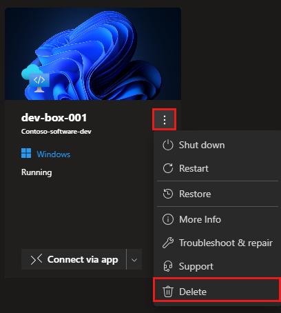 Capture d’écran du portail des développeurs montrant le menu d’actions pour une dev box et l’option Supprimer sélectionnée.