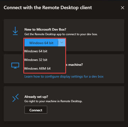 Capture d’écran montrant comment sélectionner votre configuration de plateforme pour le client Bureau à distance Windows.