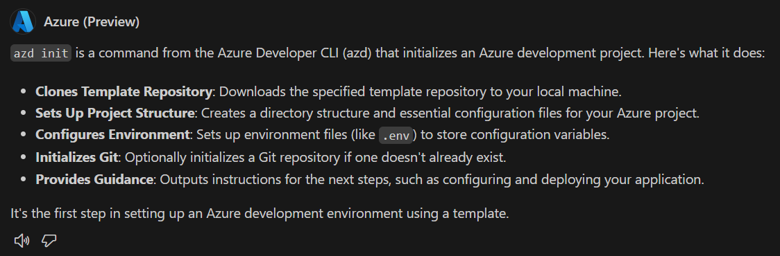 Capture d’écran montrant une réponse de GitHub Copilot pour Azure avec une explication de ce que fait la commande d’initialisation.