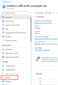 Capture d’écran montrant l’emplacement de l’élément de menu Identité dans le menu de gauche d’une ressource Azure.