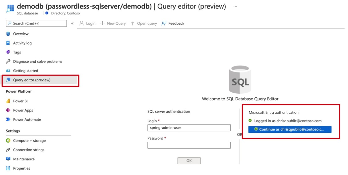 Capture d’écran de Portail Azure montrant l’éditeur de requête SQL Database.