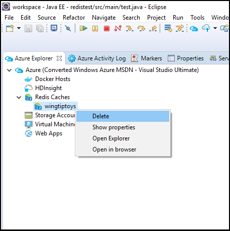 menu contextuel d’Azure Explorer pour supprimer un cache Redis