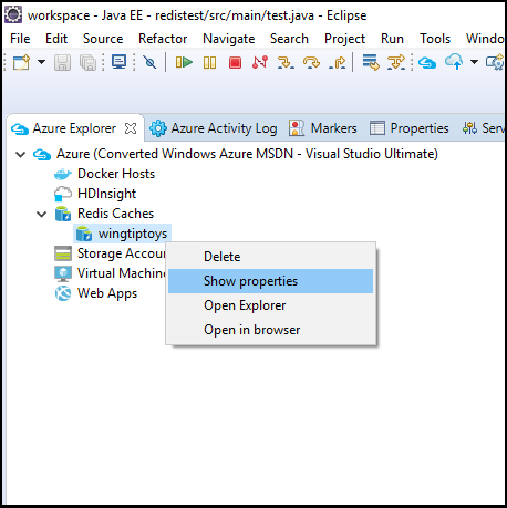 menu contextuel Azure Explorer pour afficher les propriétés d’un cache Redis