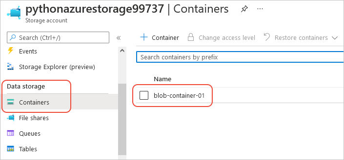 Page du Portail Azure pour le compte de stockage montrant le conteneur de blobs