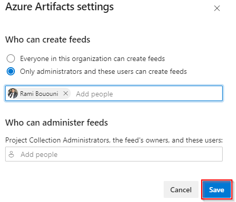 Capture d’écran montrant comment configurer les paramètres Azure Artifacts.