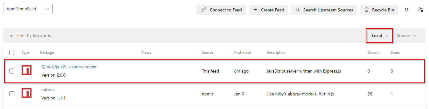 Capture d’écran montrant un package délimité dans un flux Azure Artifacts.