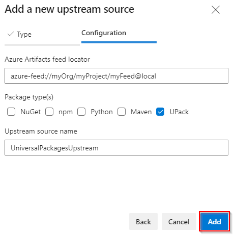 Capture d’écran montrant comment configurer une nouvelle source de packages universels en amont avec un flux dans une autre organisation.