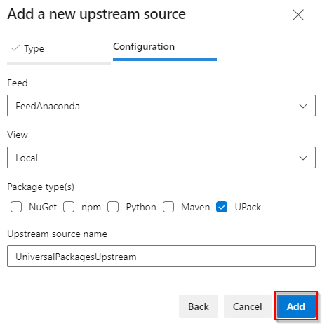 Capture d’écran montrant comment configurer une nouvelle source de packages universels en amont.